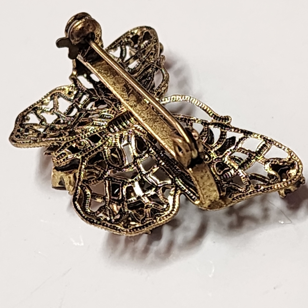 Filigree Butterfly Brooch Vintage Openwork Multiple Colors Rhinestone - Picture 8 of 9